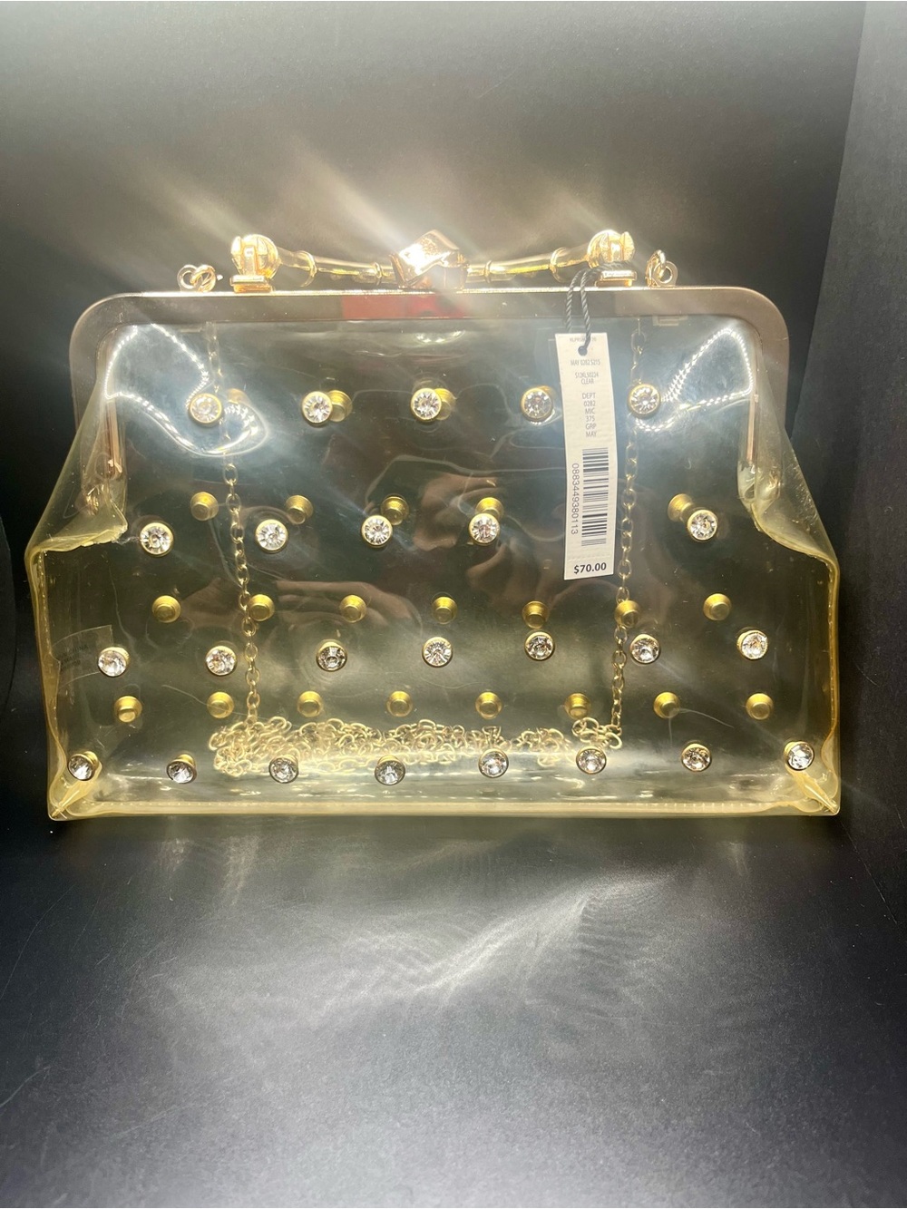 Kate Landry Clear Rhinestone Studded Evening Bag Gold Tone Chain